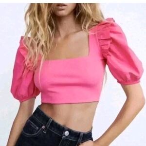 ZARA Pink Puff Sleeve Ribbed Stretch Cropped Top L